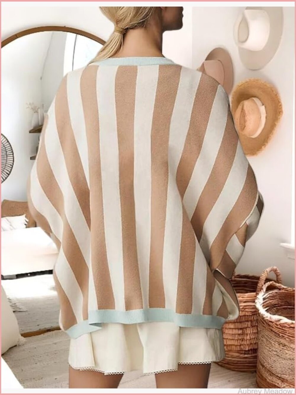 Loose Fit Striped Knit Cardigan Long Lantern Sleeves Open Front - Picture 2 of 6